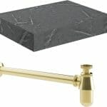 Character 600mm Wall Hung Grey Marble Basin Shelf & Brushed Brass Bottle Trap