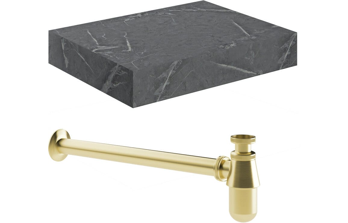 Character 600mm Wall Hung Grey Marble Basin Shelf & Brushed Brass Bottle Trap