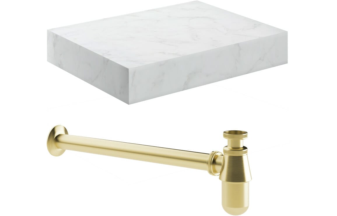 Character 600mm Wall Hung White Marble Basin Shelf & Brushed Brass Bottle Trap
