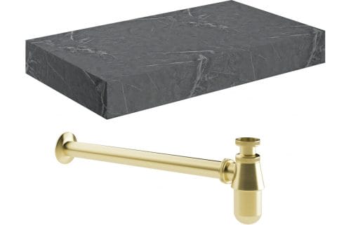 Character 800mm Wall Hung Grey Marble Basin Shelf & Brushed Brass Bottle Trap