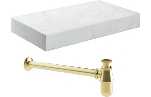 Character 800mm Wall Hung White Marble Basin Shelf & Brushed Brass Bottle Trap
